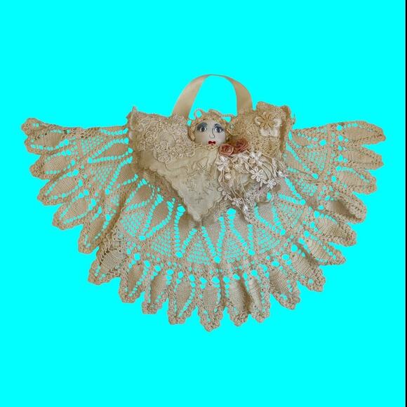 Vtg Handmade Hanging Doll Pin Cushion Crochet Doily Skirt Appliqués Ribbon 20x12 - Picture 4 of 10